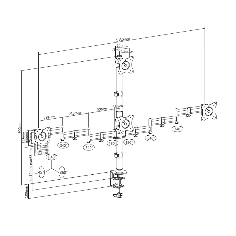 Kontrolsat - Suporte de Mesa Aisens - Giratório / Inclinável - 4 Monitores de 13 a 27 polegadas - Preto - DT27TSR-379
