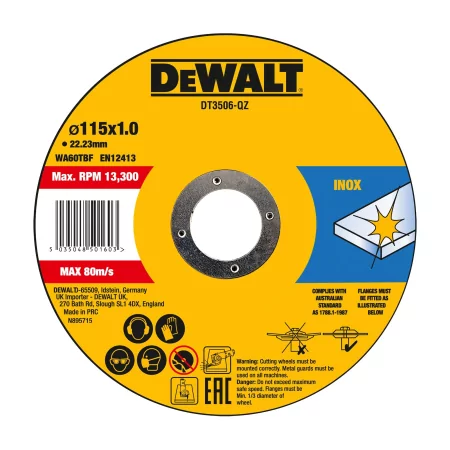 Kontrolsat - Set of 10 Stainless Steel Cutting Discs. Dewalt - 115x1x22.23 mm - DT3506-QZ Kontrolsat - Set of 10 Stainless Steel Cutting Discs. Dewalt - 115x1x22.23 mm - DT3506-QZ