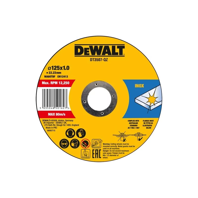 Kontrolsat - Conjunto de 10 Discos de Corte para Aço Inox. Dewalt - 125x1x22,23 mm - DT3506-QZ Kontrolsat - Conjunto de 10 Discos de Corte para Aço Inox. Dewalt - 125x1x22,23 mm - DT3506-QZ