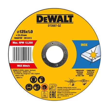 Kontrolsat - Set of 10 Stainless Steel Cutting Discs. Dewalt - 125x1x22.23 mm - DT3506-QZ Kontrolsat - Set of 10 Stainless Steel Cutting Discs. Dewalt - 125x1x22.23 mm - DT3506-QZ