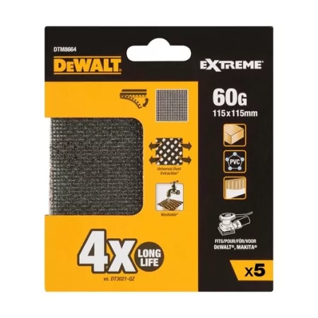 Kontrolsat - Conjunto de 5 Lixas de Malha Dewalt - 1/4 de Folha - Grão 60 - Lixadoras Orbitais - DTM8664-QZ Kontrolsat - Conjunto de 5 Lixas de Malha Dewalt - 1/4 de Folha - Grão 60 - Lixadoras Orbitais - DTM8664-QZ