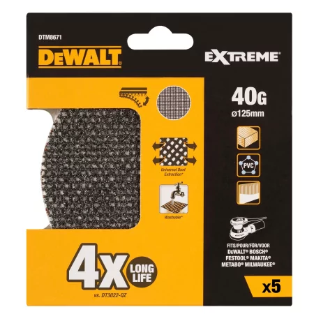 Kontrolsat - Conjunto de 5 Lixas de Malha Dewalt - ø125 mm - Grão 40 - Lixadoras Rotorbitais - DTM8671-QZ Kontrolsat - Conjunto de 5 Lixas de Malha Dewalt - ø125 mm - Grão 40 - Lixadoras Rotorbitais - DTM8671-QZ