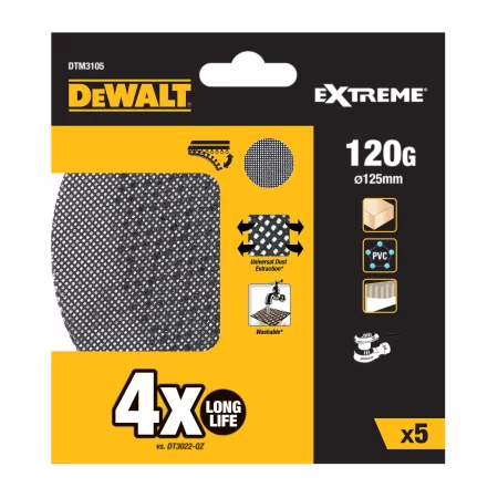 Kontrolsat - Conjunto de 5 Lixas de Malha Dewalt - ø125 mm - Grão 120 - Lixadoras Rotorbitais - DTM3105-QZ Kontrolsat - Conjunto de 5 Lixas de Malha Dewalt - ø125 mm - Grão 120 - Lixadoras Rotorbitais - DTM3105-QZ