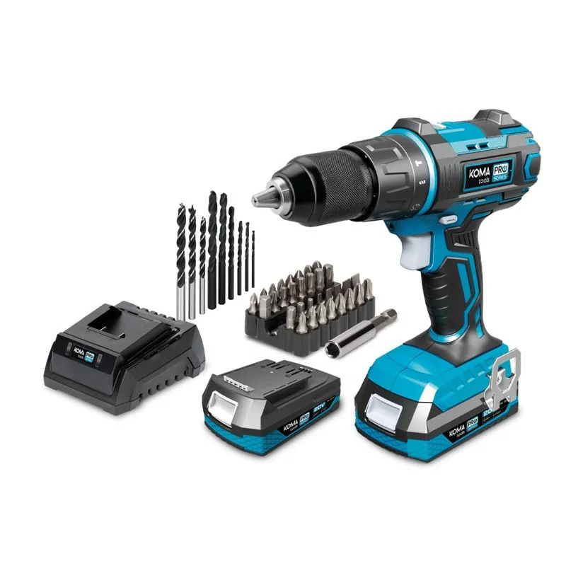 Koma Tools Pro Series Percussion Drill - Hammer Drill / Screwdriver Kit - 20 V - 2 Batteries 2.0 A - Charger Koma Tools Pro Series Percussion Drill - Hammer Drill / Screwdriver Kit - 20 V - 2 Batteries 2.0 A - Charger