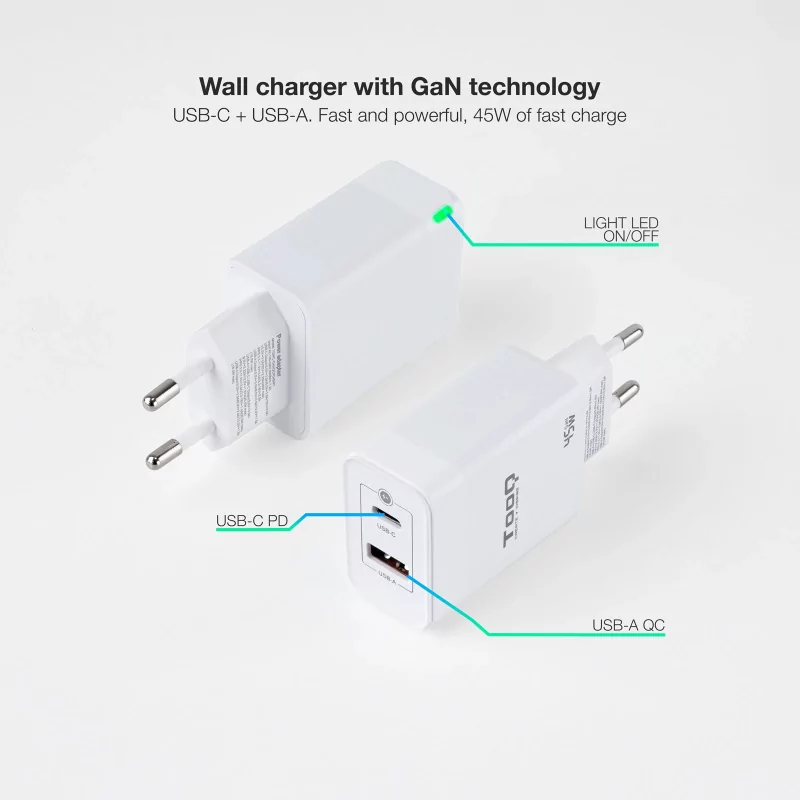 Kontrolsat - Carregador TooQ - USB-C/PD - 45W - Branco - TQWC-GANQCPD45WT