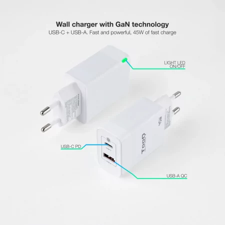 Kontrolsat - Carregador TooQ - USB-C/PD - 45W - Branco - TQWC-GANQCPD45WT Kontrolsat - Carregador TooQ - USB-C/PD - 45W - Branco - TQWC-GANQCPD45WT
