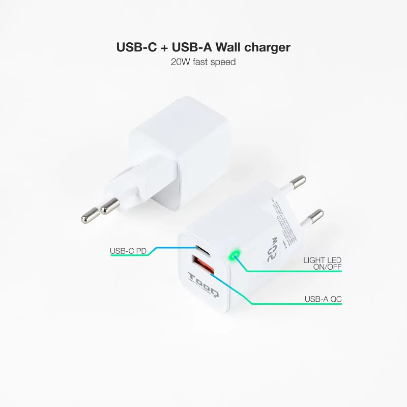 Kontrolsat - TooQ Wall Charger - USB-C/PD + USB-A/QC - 20W - White - TQWC-QCPD20WT