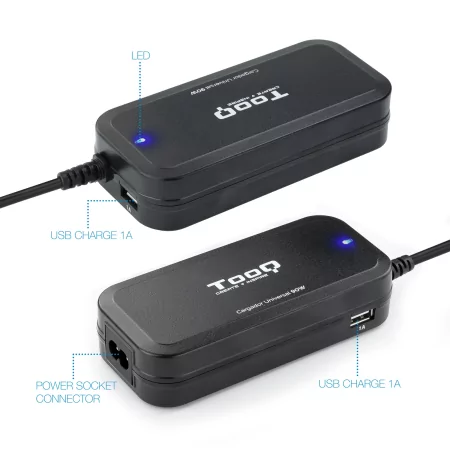 Kontrolsat - Carregador TooQ - P/ Portátil - 90W + 2x USB2.0 - Preto - TQLC-90BS02AT Kontrolsat - Carregador TooQ - P/ Portátil - 90W + 2x USB2.0 - Preto - TQLC-90BS02AT