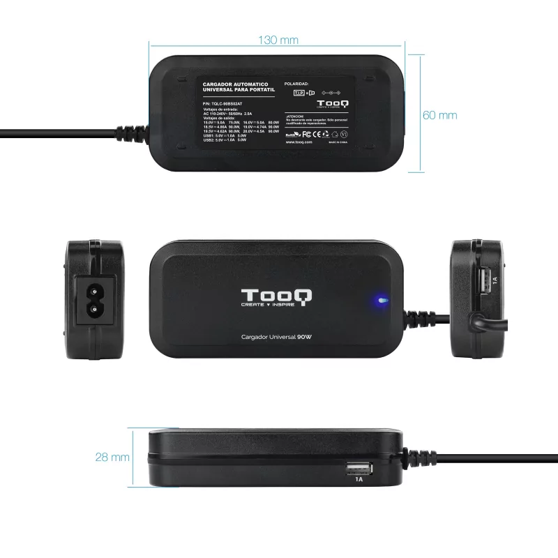 Kontrolsat - Carregador TooQ - P/ Portátil - 90W + 2x USB2.0 - Preto - TQLC-90BS02AT