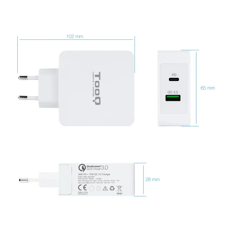 Kontrolsat - TooQ Dual Charger - USB-C PD + USB A QC3.0 port - 48W - White - TQWC-2SC03WT