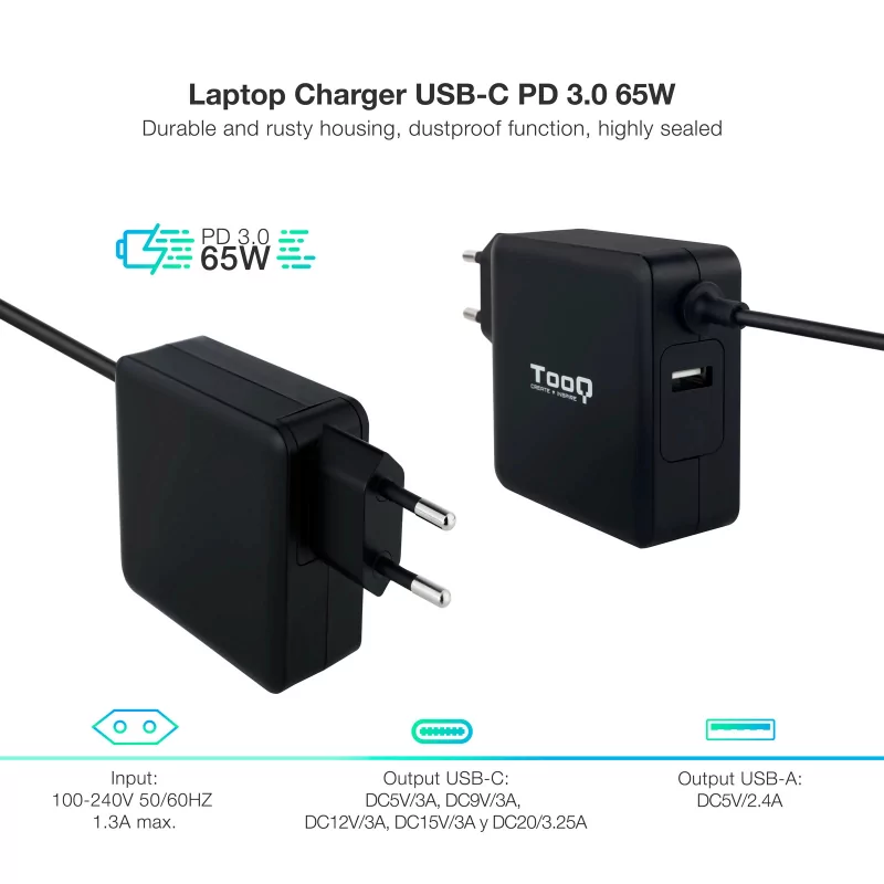 Kontrolsat - Carregador USB-C TooQ - Preto - TQLC-USBC65PD