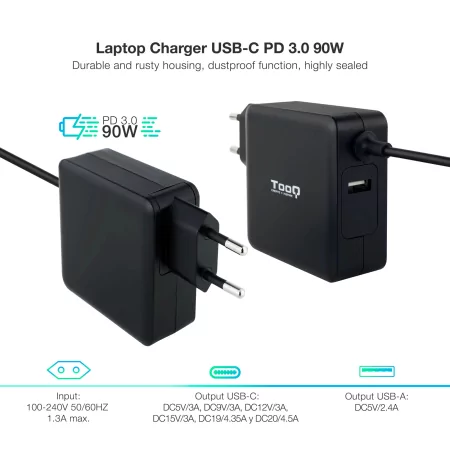 Kontrolsat - TooQ USB-C Charger - Black - TQLC-USBC90PD Kontrolsat - TooQ USB-C Charger - Black - TQLC-USBC90PD