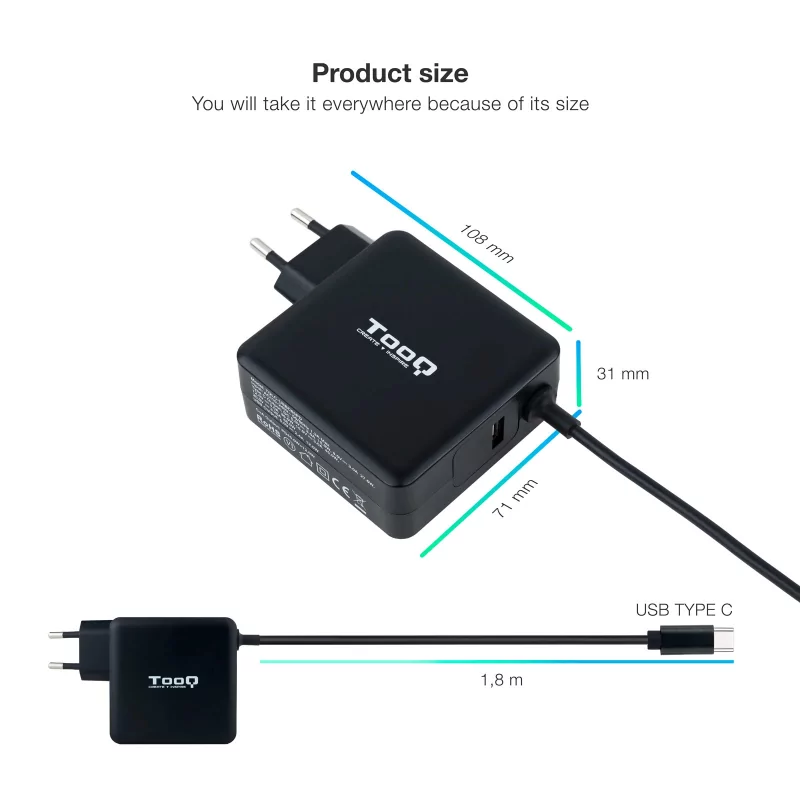 Kontrolsat - TooQ USB-C Charger - Black - TQLC-USBC65PD