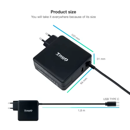 Kontrolsat - TooQ USB-C Charger - Black - TQLC-USBC90PD Kontrolsat - TooQ USB-C Charger - Black - TQLC-USBC90PD