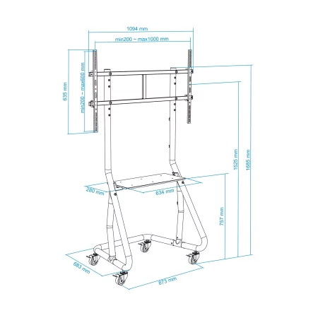 Kontrolsat - TooQ Mobile Floor Stand - 1 Screen - 60" / 105" - With Shelf - Black - FS20200M-B Kontrolsat - TooQ Mobile Floor Stand - 1 Screen - 60" / 105" - With Shelf - Black - FS20200M-B