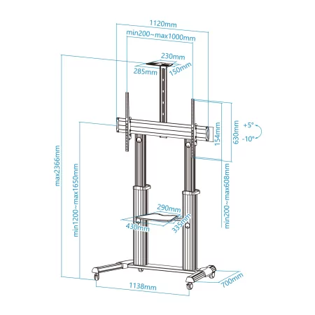 Kontrolsat - TooQ Floor Stand - W/ Wheels - 60" / 100" - Aluminum - FS20300M-B
