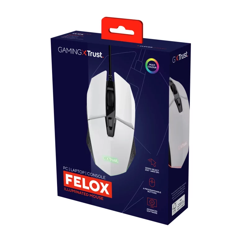 Kontrolsat - Trust Gaming Mouse - 6400 DPI - 60 IPS - RGB - White - GXT 109W FELOX