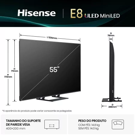 Smart TV Hisense 55E8Q Mini LED 55" (139 cm) 4K 144Hz Dolby Vision