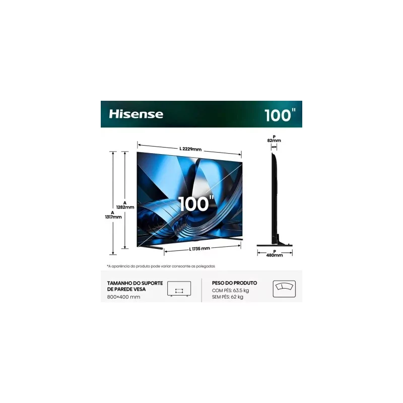 Smart TV Hisense 100U7SE de 100" (253 cm) MiniLED QLED 4K 165Hz Dolby Vision IQ Hi-View AI Engine PRO VIDAA U9