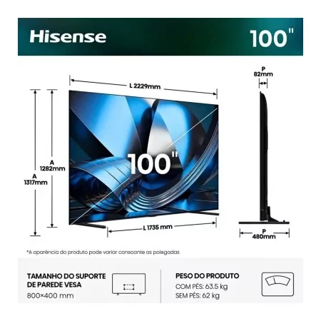 Smart TV Hisense 100U7SE 100" (253 cm) MiniLED QLED 4K 165Hz Dolby Vision IQ Hi-View AI Engine PRO VIDAA U9