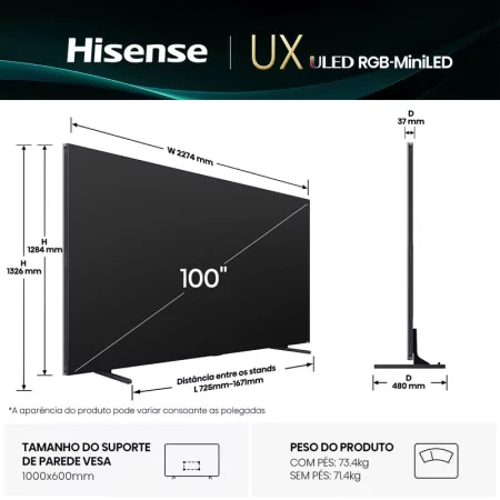 Smart TV Hisense 100UXQ de 100" (253 cm) RGB MiniLED 4K 165Hz Dolby Vision IQ IMAX Enhancer VIDAA U9