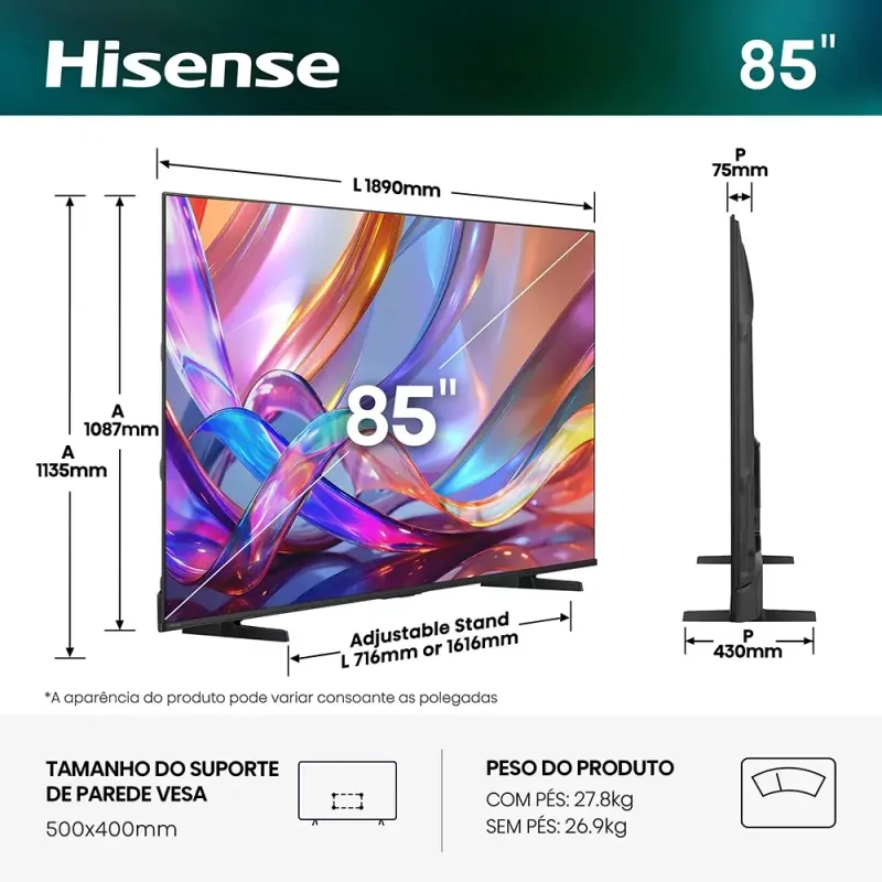 Smart TV Hisense 85E7S de 85" (215 cm) QLED 4K Dolby Vision IQ VIDAA U9.5