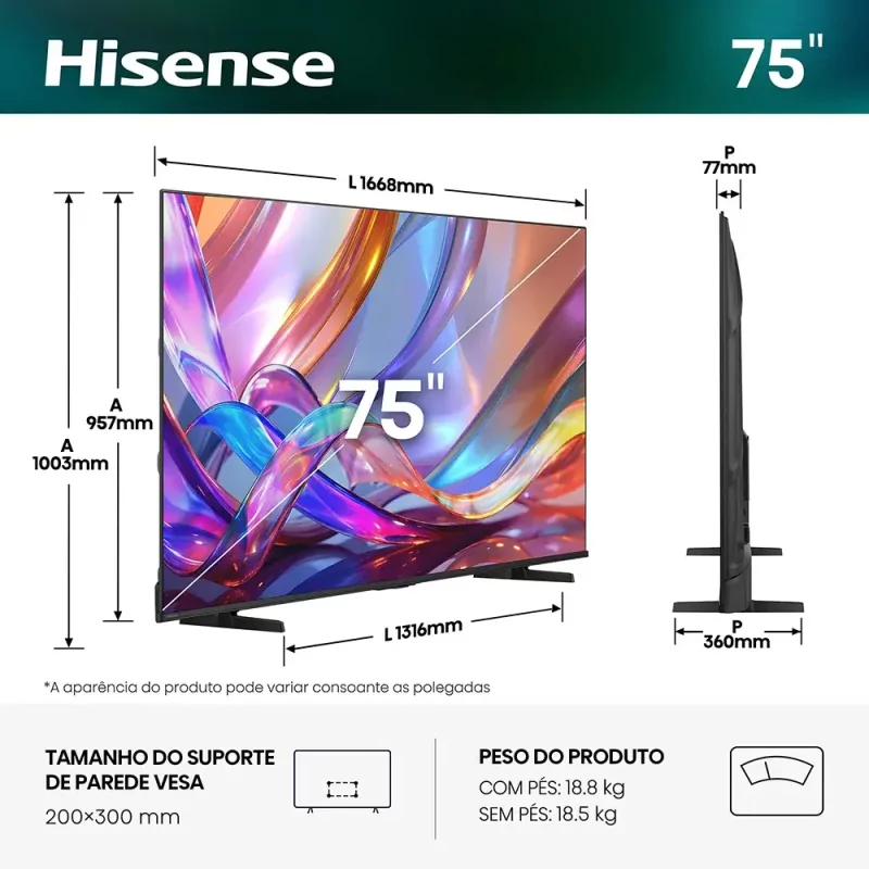 Smart TV Hisense 75E7S 75" (189 cm) QLED 4K Dolby Vision IQ VIDAA U9.5