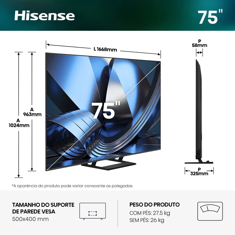 Smart TV Hisense 75U7SE 75" (189 cm) MiniLED QLED 4K 144Hz Dolby Vision IQ IMAX Enhanced VIDAA U9