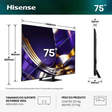 Smart TV Hisense 75U7S PRO de 75" (189 cm) MiniLED QLED 4K 165Hz Dolby Vision IQ IMAX Enhancer VIDAA U9.5