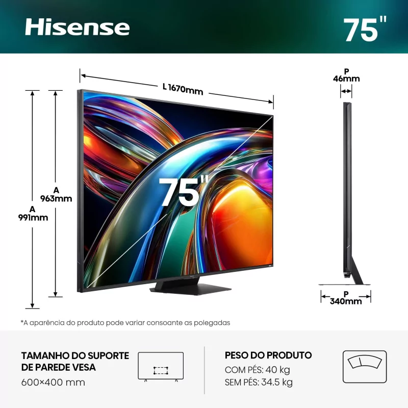 Smart TV Hisense 75UR9S de 75" (189 cm) RGB MiniLED 4K 180Hz Dolby Vision IQ IMAX Enhancer VIDAA U9.5