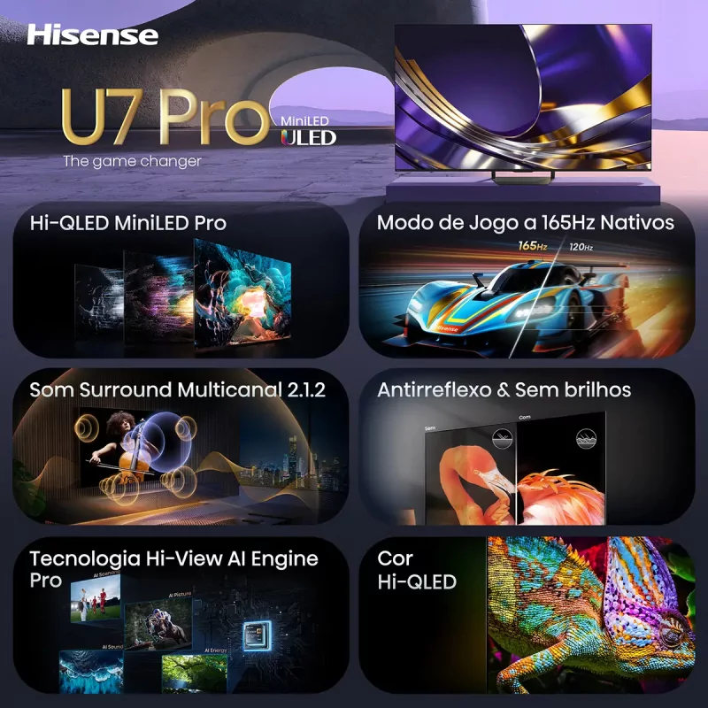 Smart TV Hisense 55U7S PRO de 55" (139 cm) MiniLED QLED 4K 165Hz Dolby Vision IQ IMAX Enhancer VIDAA U9.5