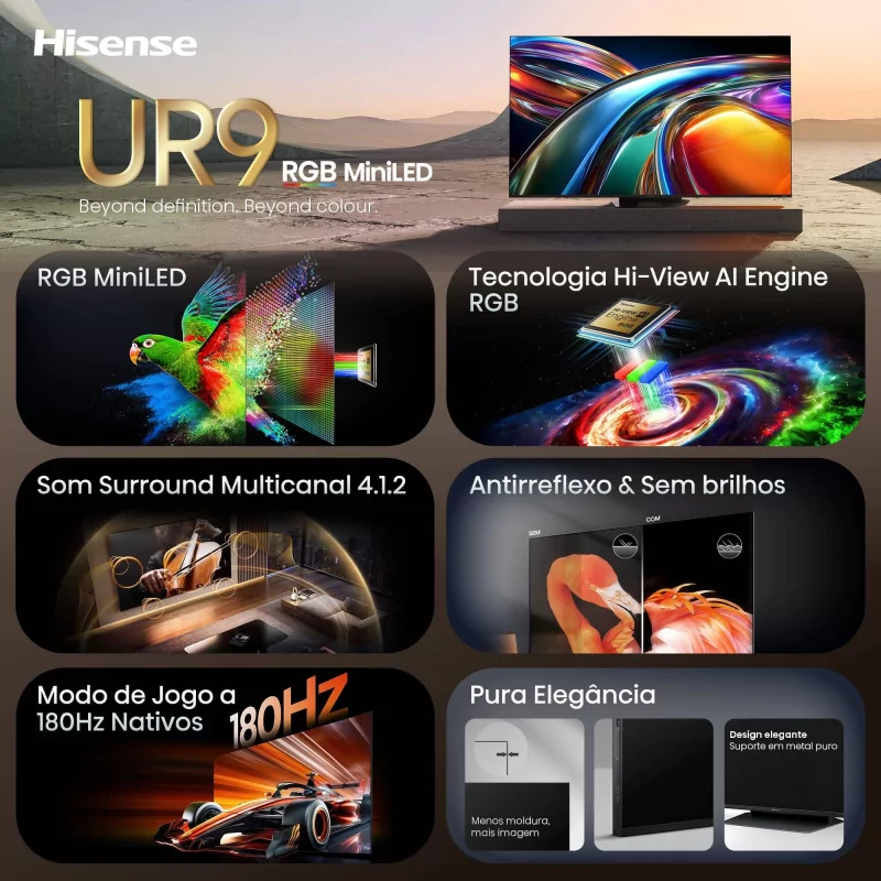 Smart TV Hisense 75UR9S de 75" (189 cm) RGB MiniLED 4K 180Hz Dolby Vision IQ IMAX Enhancer VIDAA U9.5