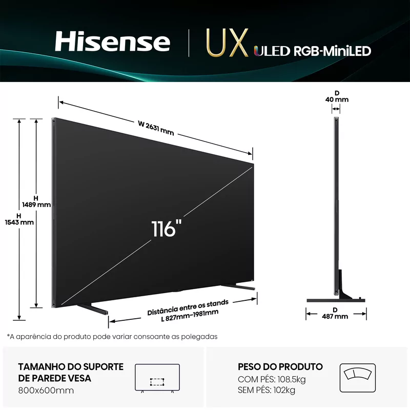 Smart TV Hisense 116UXQ de 116" (293 cm) RGB MiniLED 4K 165Hz Dolby Vision IQ IMAX Enhancer VIDAA U9