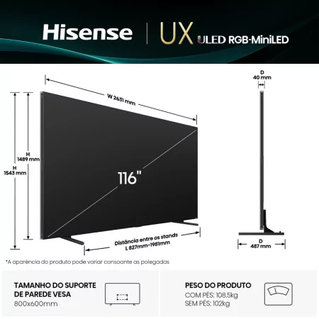 Smart TV Hisense 116UXQ 116" (293 cm) RGB MiniLED 4K 165Hz Dolby Vision IQ IMAX Enhancer VIDAA U9