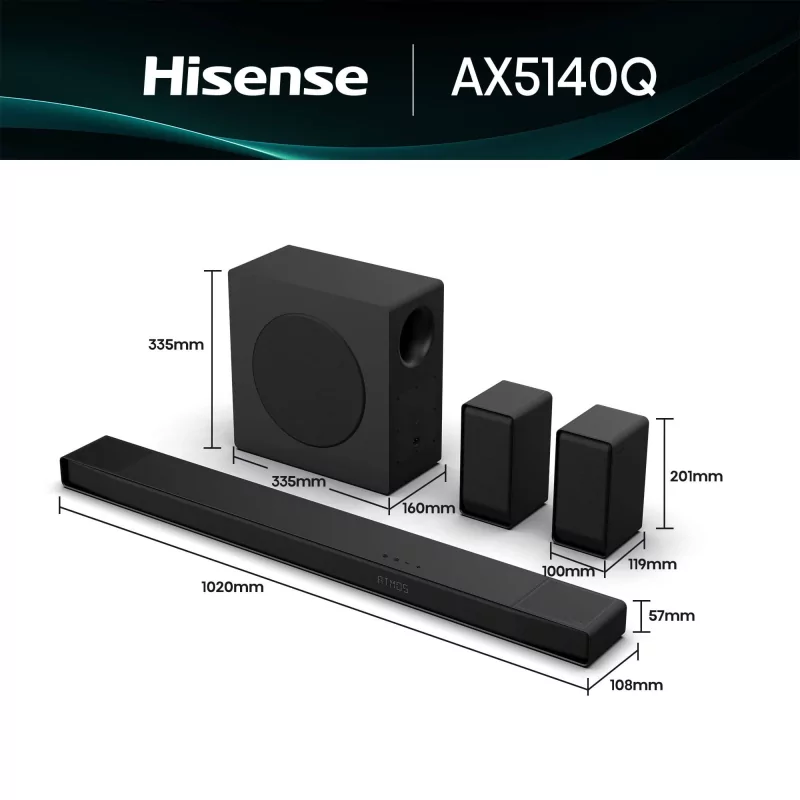 Soundbar Hisense AX AX5140Q 600W - 5.1.4 CH, Dolby Atmos, DTS Virtual: X, Hi-Concerto, EzPlay