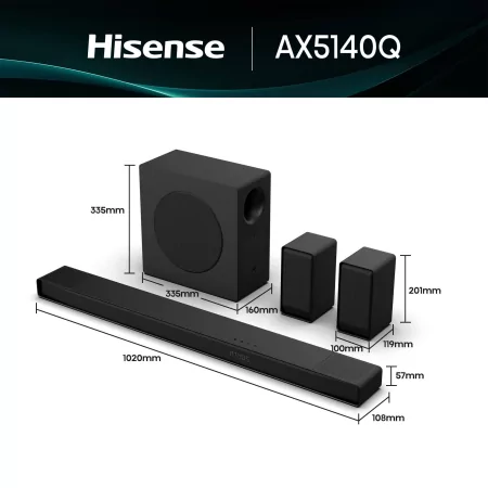 Soundbar Hisense AX AX5140Q 600W - 5.1.4 CH, Dolby Atmos, DTS Virtual: X, Hi-Concerto, EzPlay