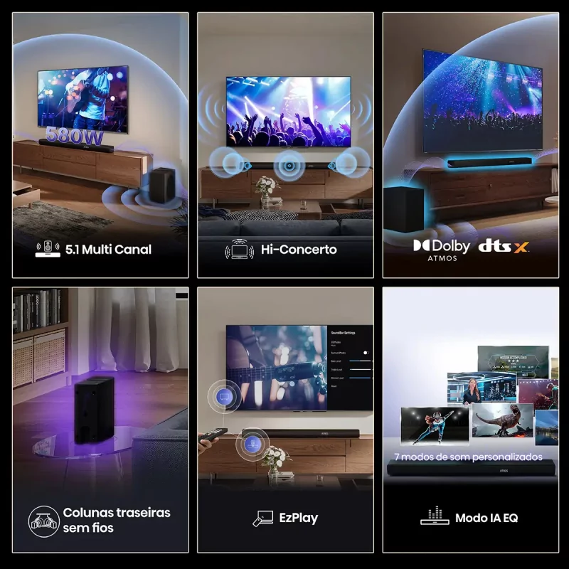 Soundbar Hisense AX AX5100Q 580W - 5.1 CH, Dolby Atmos, DTS Virtual: X, Hi-Concerto, EzPlay