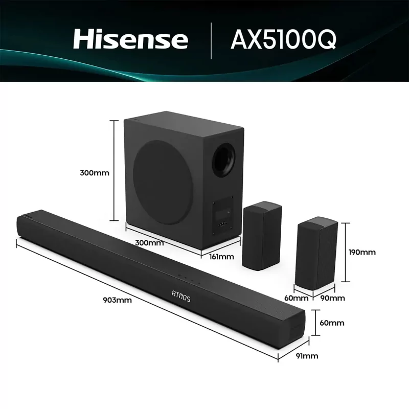 Soundbar Hisense AX AX5100Q 580W - 5.1 CH, Dolby Atmos, DTS Virtual: X, Hi-Concerto, EzPlay