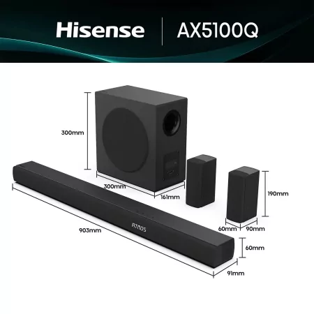 Soundbar Hisense AX AX5100Q 580W - 5.1 CH, Dolby Atmos, DTS Virtual: X, Hi-Concerto, EzPlay