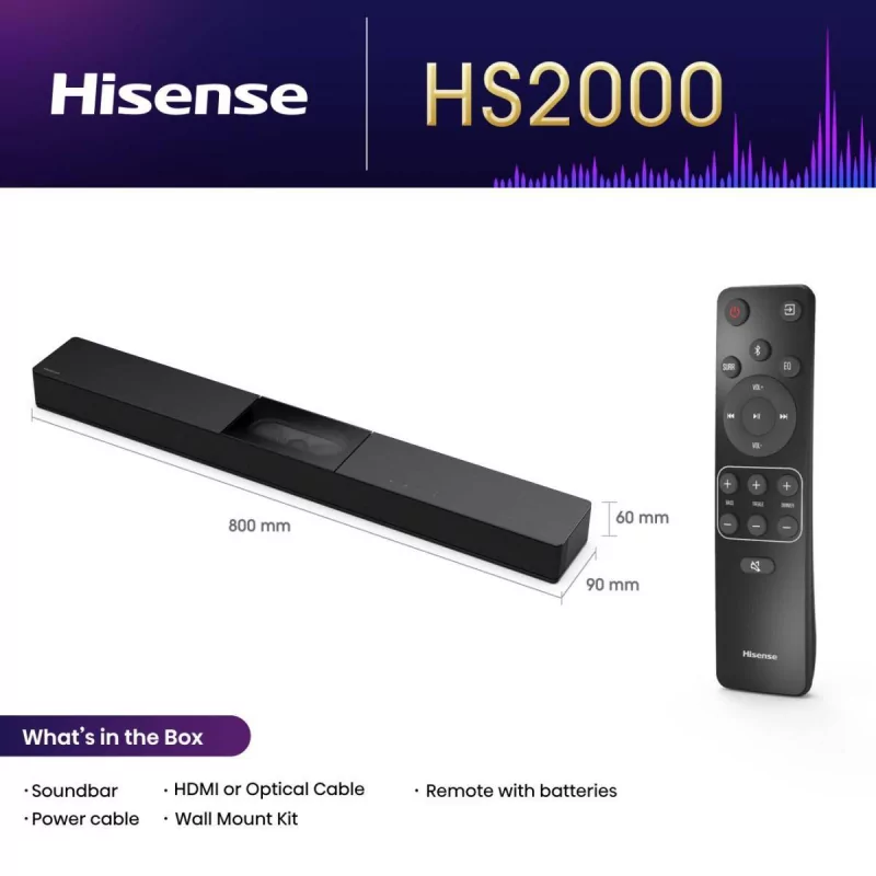 Barra de sonido Hisense HS2000 240W - 2.1 canales, DTS Virtual:X - Negra