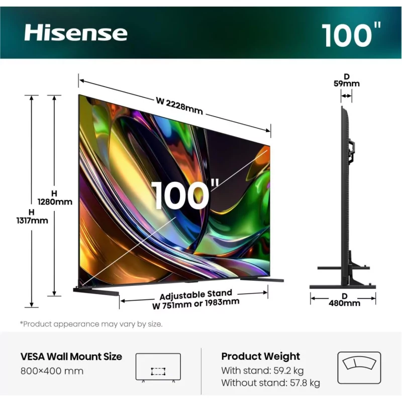 Smart TV Hisense 100UR8S de 100" (253 cm) RGB Mini LED 180Hz IMAX Enhanced