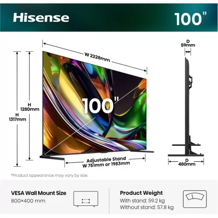 Smart TV Hisense 100UR8S 100" (253 cm) RGB Mini LED 180Hz IMAX Enhanced