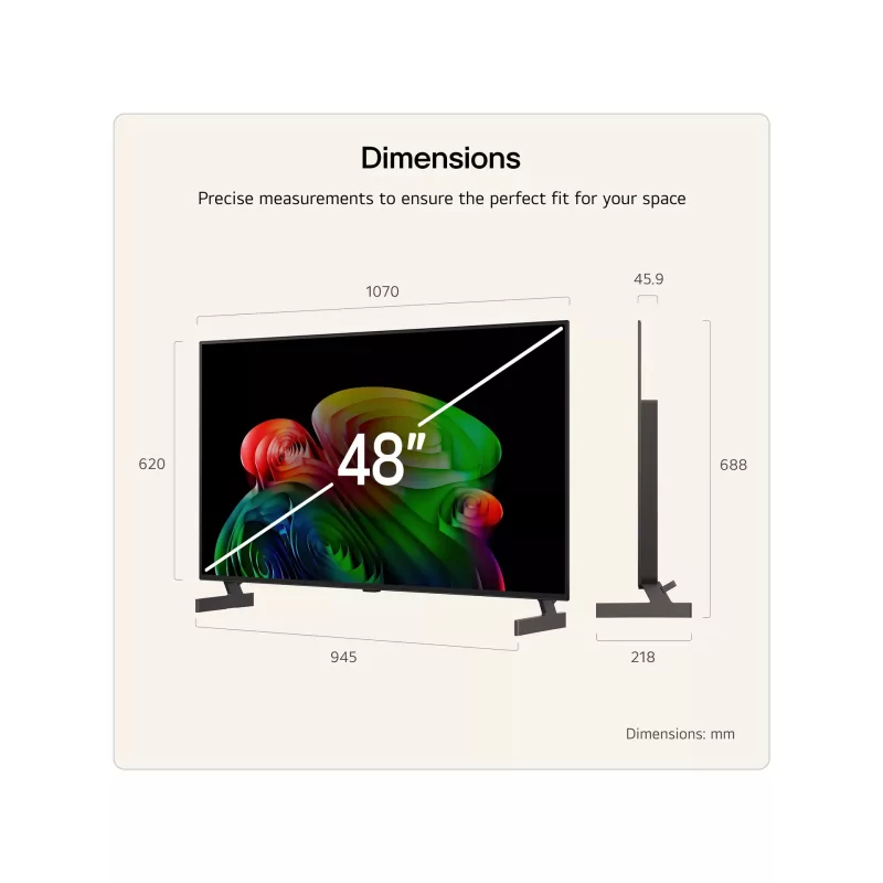 Dimensiones del televisor LG OLED48B65LA de 48 pulgadas: 1070 x 620 x 45,9 mm sin soporte, 1070 x 688 x 218 mm con soporte.