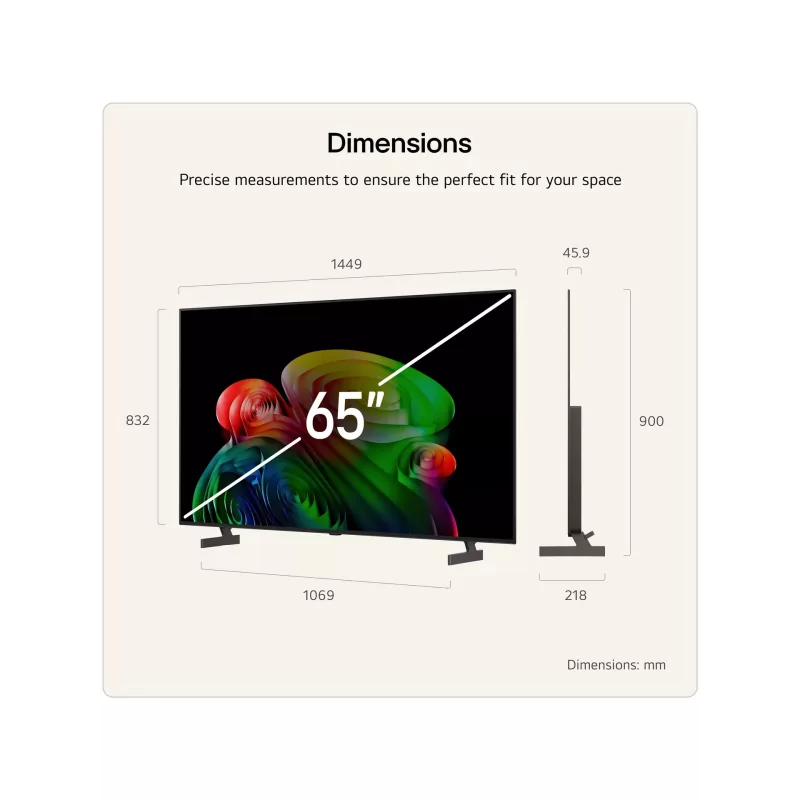 Dimensiones del televisor LG OLED65B65LA de 65 pulgadas: 1449 x 832 x 45,9 mm sin soporte, 1449 x 900 x 218 mm con soporte.