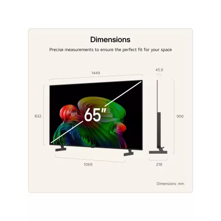 Dimensiones del televisor LG OLED65B65LA de 65 pulgadas: 1449 x 832 x 45,9 mm sin soporte, 1449 x 900 x 218 mm con soporte.