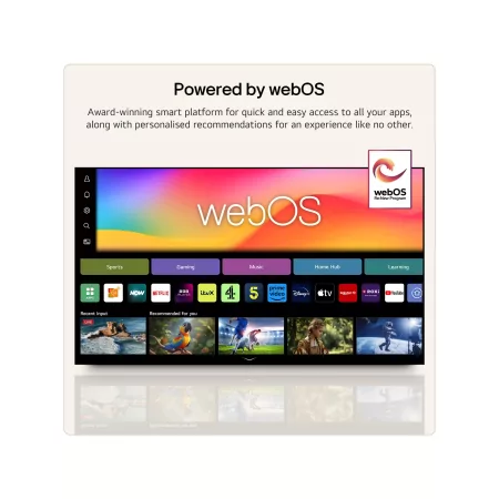 Plataforma Smart TV webOS 26 con la aplicación Re:New, acceso rápido a aplicaciones de streaming y recomendaciones de IA.