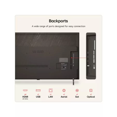 Puertos traseros LG OLED65B65LA: 4x HDMI 2.1 4K 120Hz, 1x USB, 1x LAN, 1x Antena, 1x Satélite, 1x Salida óptica