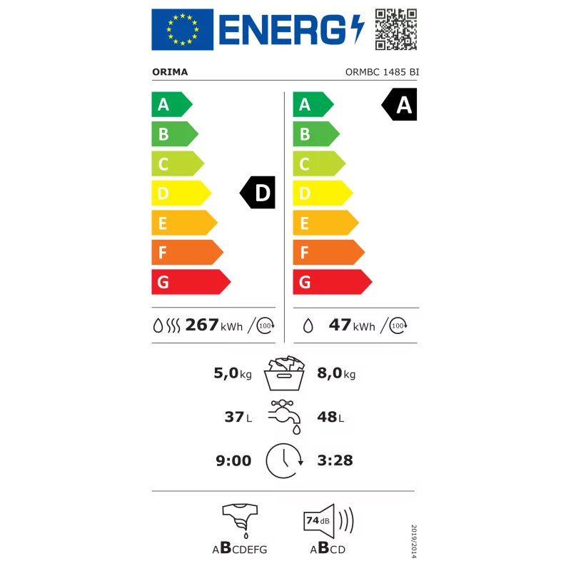 Máquina Lavar e Secar Orima ORMBC-1485-BI (8Kg/5Kg - 1400RPM)
