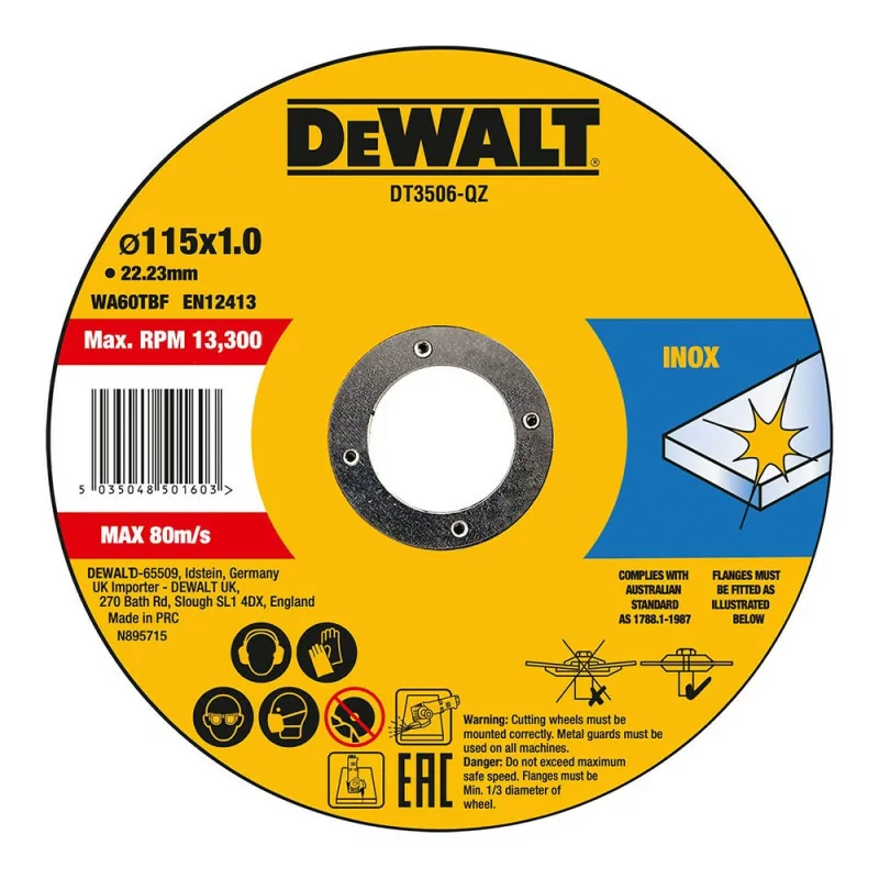 Set of 10 Stainless Steel Cutting Discs. Dewalt - 115x1x22.23 mm - DT3506-QZ Set of 10 Stainless Steel Cutting Discs. Dewalt - 115x1x22.23 mm - DT3506-QZ