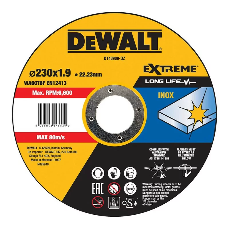 Disco de Corte Rápido em Aço Inox. com Grão Profissional de Óxido de Alumínio Thin Cut Dewalt - 230x1,9x22,23 mm - DT43909-QZ|Dewalt|5035048545539 Disco de Corte Rápido em Aço Inox. com Grão Profissional de Óxido de Alumínio Thin Cut Dewalt - 230x1,9x22,23 mm - DT43909-QZ|Dewalt|5035048545539
